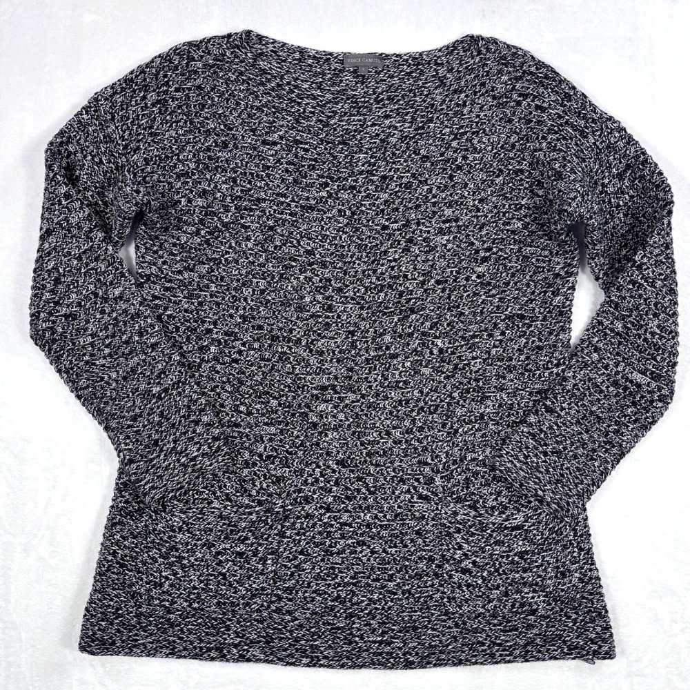Vince Camuto Women Chunky Black White Marled Knit Boat Neck Pocket Sweater Small